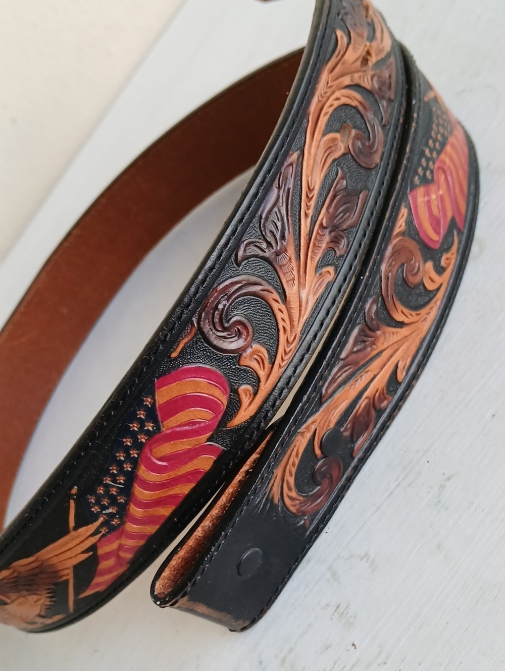 Tooled Americana Leather Belt Size 36